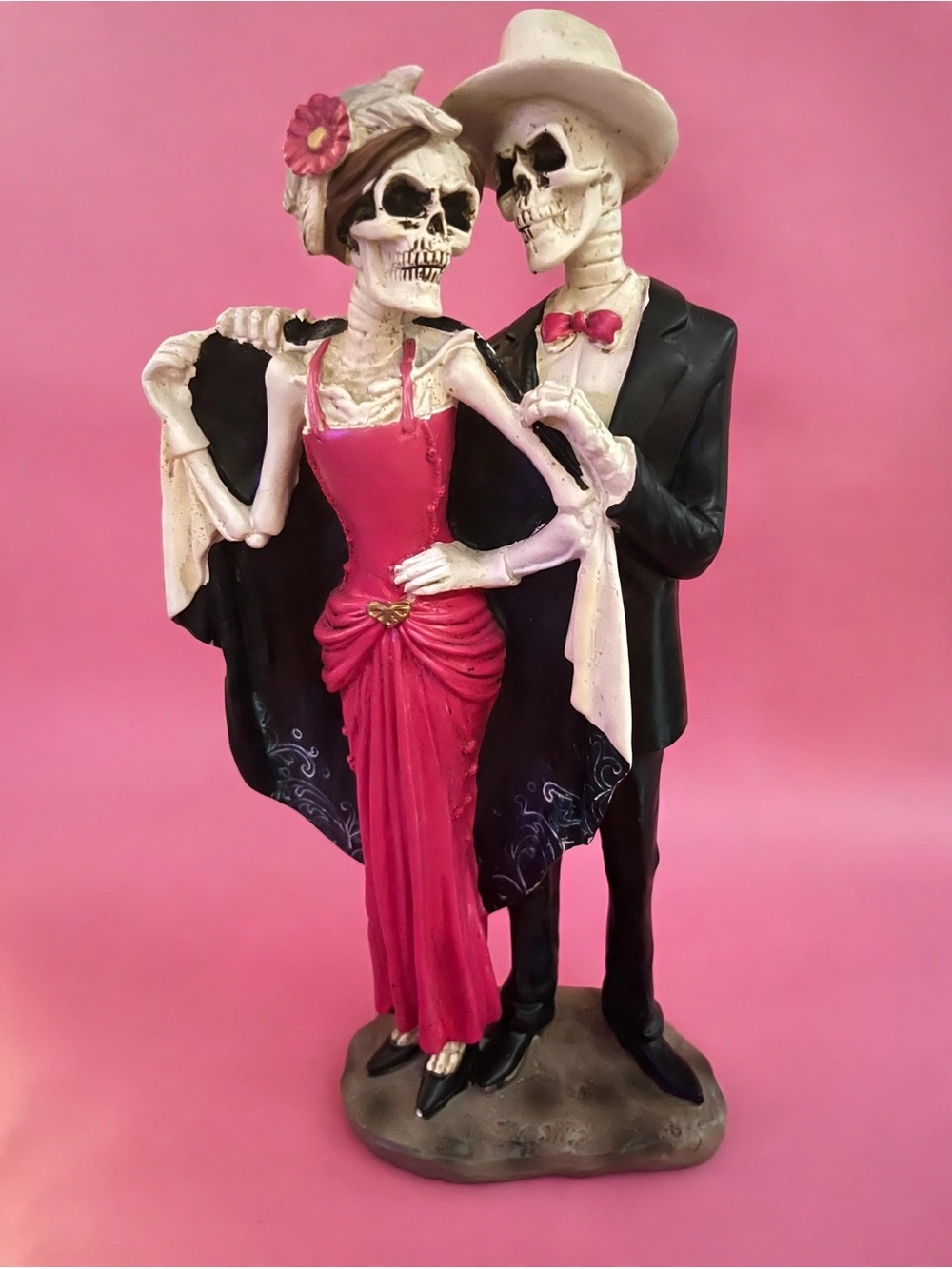 Romantic Skeleton Couple Figurine in Pink Dress and Black Suit